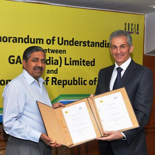 BC Tripathi, Chairman and Managing Director, GAIL (left) and Arzu Azimov, CEO, SOCAR Trading SA, after signing MoU between the two companies to jointly pursue opportunities in LNG, upstream and petrochemical projects. BC Tripathi, Chairman and Managing Director, GAIL (left) and Arzu Azimov, CEO, SOCAR Trading SA, after signing MoU between the two companies to jointly pursue opportunities in LNG, upstream and petrochemical projects.