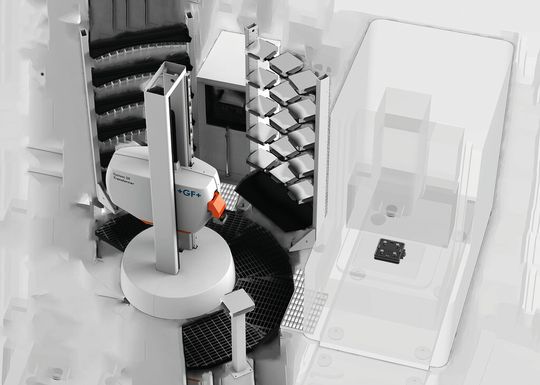 Solution d'automatisation de System 3R pour la manutention d'une machine-outils. Solution d'automatisation de System 3R pour la manutention d'une machine-outils.