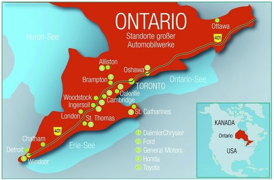 Die Karte zeigt Südost-Ontario mit den Standorten der wichtigsten Automobilwerke. Bild: Communication Consultants Die Karte zeigt Südost-Ontario mit den Standorten der wichtigsten Automobilwerke. Bild: Communication Consultants