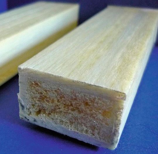 Einstufig zum Profil: Am IKV pultrudierte Rechteckprofile von 35 mm × 20 mm mit faserverstärkten Deckschichten und Schaumkern. Sonst übliche Konfektionierungs- oder Veredelungsschritte können entfallen. Einstufig zum Profil: Am IKV pultrudierte Rechteckprofile von 35 mm × 20 mm mit faserverstärkten Deckschichten und Schaumkern. Sonst übliche Konfektionierungs- oder Veredelungsschritte können entfallen.