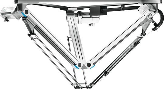 Der Tripod mit Robotik-Funktionalität für freie Bewegung im Raum steht für Präzision in der Bewegung und der Positionie-rung, ebenso wie für hohe Dynamik bis 150 Picks/min. Der Tripod mit Robotik-Funktionalität für freie Bewegung im Raum steht für Präzision in der Bewegung und der Positionie-rung, ebenso wie für hohe Dynamik bis 150 Picks/min.
