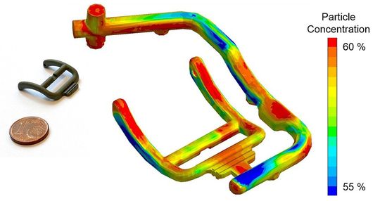 Sigmasoft Virtual Molding prédit la concentration en particules dans les applications PIM avec l’aide d’un nouveau modèle, identifiant les zones où se produit la ségrégation poudre-matrice. Sigmasoft Virtual Molding prédit la concentration en particules dans les applications PIM avec l’aide d’un nouveau modèle, identifiant les zones où se produit la ségrégation poudre-matrice.