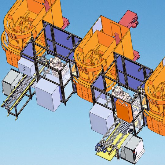 Die Grafik der Systemlösung zeigt zwei Roboterzellen zur Be- und Entladung dreier Vertikaldrehmaschinen mit Zu- und Abführung der Roh- und Fertigteile, Spänekontrolle, Bürststation, SPC-Ausschleusung und Entmagnetisierungstunnel.