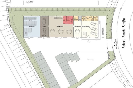 Auf dem 2.500 Quadratmeter großen Grundstück entstand in einer Bauzeit von sechs Monaten ein Servicebetrieb mit einer Nutzfläche von 630 Quadratmetern. Auf dem 2.500 Quadratmeter großen Grundstück entstand in einer Bauzeit von sechs Monaten ein Servicebetrieb mit einer Nutzfläche von 630 Quadratmetern.