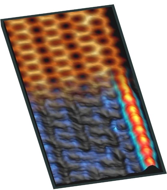 Bild 2: Künstlerische Überlagerung von Oberfläche und Leitfähigkeit: Unten sieht man einen Ausschnitt der Leitfähigkeit und des Stromkanals (gelb-rötlicher Streifen am rechten Rand) der in einen Ausschnitt der atomar aufgelösten Oberfläche (Wabenmuster) mit Stufenkante (ebenfalls am rechten Rand) übergeht.