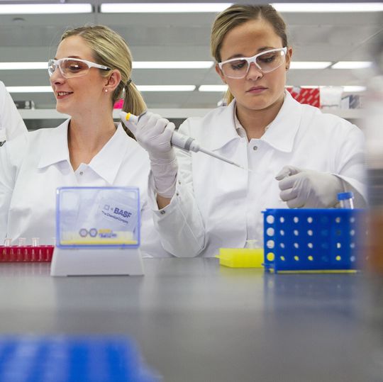 Laborleiterin Carmen Hendricks-Guy (links) und die Forschungsassistentinnen Jessica Stone (Mitte) und Sarah Deisenroth (rechts) arbeiten im Forschungszentrum für Weiße Biotechnologie von BASF in Tarrytown, New York, an der Optimierung von Mikroorganismen, um biobasierte Chemikalien zu produzieren. Laborleiterin Carmen Hendricks-Guy (links) und die Forschungsassistentinnen Jessica Stone (Mitte) und Sarah Deisenroth (rechts) arbeiten im Forschungszentrum für Weiße Biotechnologie von BASF in Tarrytown, New York, an der Optimierung von Mikroorganismen, um biobasierte Chemikalien zu produzieren.