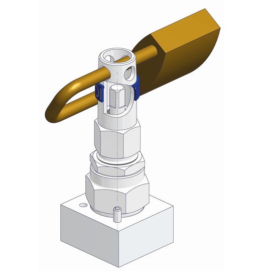 Anti-Tamper Ventiloberteiloptionen - Standard-Design: Die Ventile werden mit einem speziellen Steckgriff bedient, der genau in die dafür vorgesehene Anti-Tamper-Bohrung passt. Zusätzlich zu dieser Sicherheitsfunktion kann man durch die Montage eines Vorhängeschlosses quer zur Anti-Tamper Bohrung verhindern, dass der Steckgriff eingeführt werden kann. Anti-Tamper Ventiloberteiloptionen - Standard-Design: Die Ventile werden mit einem speziellen Steckgriff bedient, der genau in die dafür vorgesehene Anti-Tamper-Bohrung passt. Zusätzlich zu dieser Sicherheitsfunktion kann man durch die Montage eines Vorhängeschlosses quer zur Anti-Tamper Bohrung verhindern, dass der Steckgriff eingeführt werden kann.
