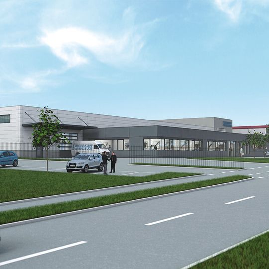 3D-Ansicht des geplanten Neubaus der Weisskopf GmbH in Meiningen. 3D-Ansicht des geplanten Neubaus der Weisskopf GmbH in Meiningen.