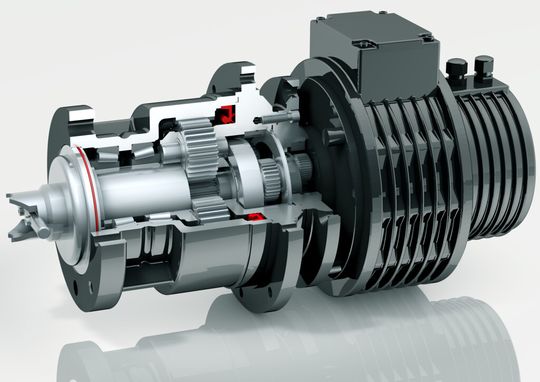 Das Bild zeigt ein Schnittmodell des Radnabenantriebs PGM33-1500-150 von Allweier. Das Bild zeigt ein Schnittmodell des Radnabenantriebs PGM33-1500-150 von Allweier.