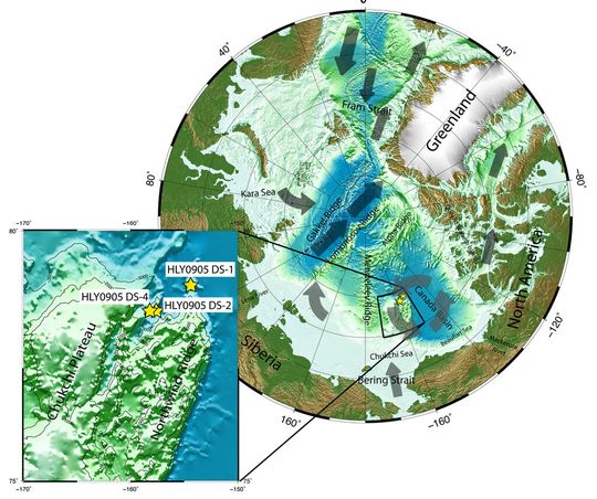 Karte des arktischen Ozeans mit Untersuchungsgebiet. Karte des arktischen Ozeans mit Untersuchungsgebiet.