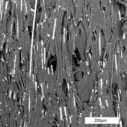 Granulés de polyamide, sans vieillissement avec Les fibres de verre (bâtonnets blancs) bien alignées. Granulés de polyamide, sans vieillissement avec Les fibres de verre (bâtonnets blancs) bien alignées.