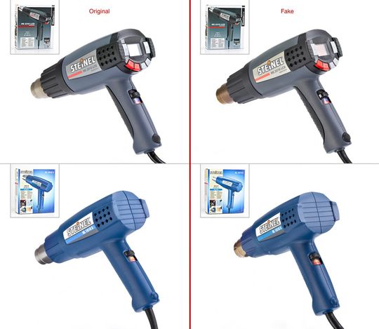 Die Plagiarius Preisträger 2015, 1. Platz: Links Originale: STEINEL Vertrieb GmbH, Herzebrock-Clarholz, DeutschlandRechts Fälschungen: Vertrieb: Shenzhen Jin Xiong of internal and external electronic tools Co., Ltd., Shenzhen, VR China Die Plagiarius Preisträger 2015, 1. Platz: Links Originale: STEINEL Vertrieb GmbH, Herzebrock-Clarholz, DeutschlandRechts Fälschungen: Vertrieb: Shenzhen Jin Xiong of internal and external electronic tools Co., Ltd., Shenzhen, VR China