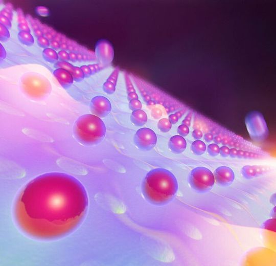 Anschauliche Darstellung eines dielektrischen nano-photonischen Gitters, mit dem Atome eingefangen und miteinander zur Wechselwirkung gebracht werden können. Anschauliche Darstellung eines dielektrischen nano-photonischen Gitters, mit dem Atome eingefangen und miteinander zur Wechselwirkung gebracht werden können.