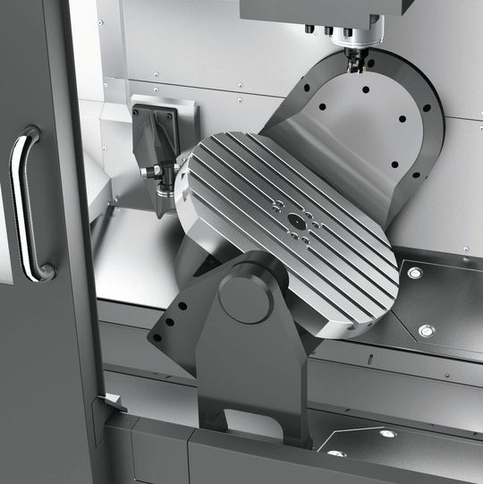 Der Zwei-Achsen-Dreh-/Schwenktisch mit einem Schwenkwinkel von + 110° und -35 ° sowie einer 360°-Rotation. Der Zwei-Achsen-Dreh-/Schwenktisch mit einem Schwenkwinkel von + 110° und -35 ° sowie einer 360°-Rotation.