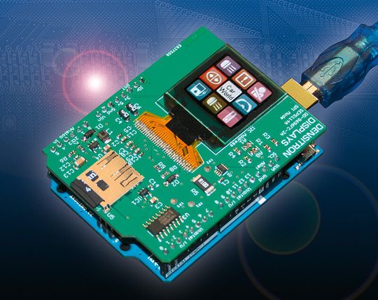 Ein Entwicklungs-Kit auf einem Arduino-Board für Passive-Matrix-OLED-Displays bietet Densitron. Ein Entwicklungs-Kit auf einem Arduino-Board für Passive-Matrix-OLED-Displays bietet Densitron.