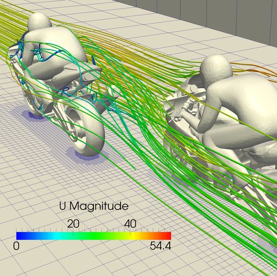 Die Aerodynamik zweier Motorräder beim Überholvorgang: Mit dieser Arbeit gewann Niklas Siwczak, Maschinenbaustudent im 4. Semester an der Leibniz Universität Hannover, den von Sim Scale ausgeschriebenen Wettbewerb. Die Aerodynamik zweier Motorräder beim Überholvorgang: Mit dieser Arbeit gewann Niklas Siwczak, Maschinenbaustudent im 4. Semester an der Leibniz Universität Hannover, den von Sim Scale ausgeschriebenen Wettbewerb.