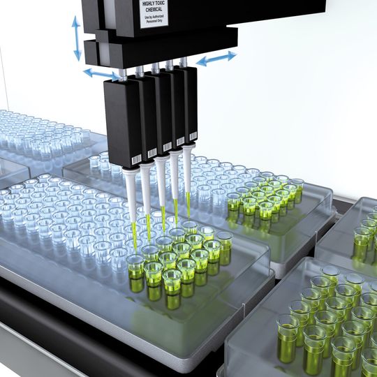 Bei einem Pipettierroboter, der sich in allen drei Raumdimensionen bewegt, erfolgt die Überwachung der Motorsteuerung mit magnetischen Absolutsensoren, die ein Positionsfeedback an die Steuereinheit zurückgeben. Bei einem Pipettierroboter, der sich in allen drei Raumdimensionen bewegt, erfolgt die Überwachung der Motorsteuerung mit magnetischen Absolutsensoren, die ein Positionsfeedback an die Steuereinheit zurückgeben.