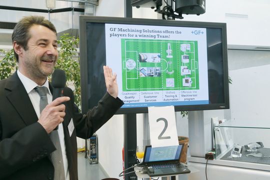 Solution Days in Losone: GF als Coach für die Champions League, die Aufstellung: Qualitäts-Management als Goalie, Customer Service als Verteidigung, Tooling und Automation bilden das Mittelfeld und im Sturm das Maschinenprogramm. Solution Days in Losone: GF als Coach für die Champions League, die Aufstellung: Qualitäts-Management als Goalie, Customer Service als Verteidigung, Tooling und Automation bilden das Mittelfeld und im Sturm das Maschinenprogramm.