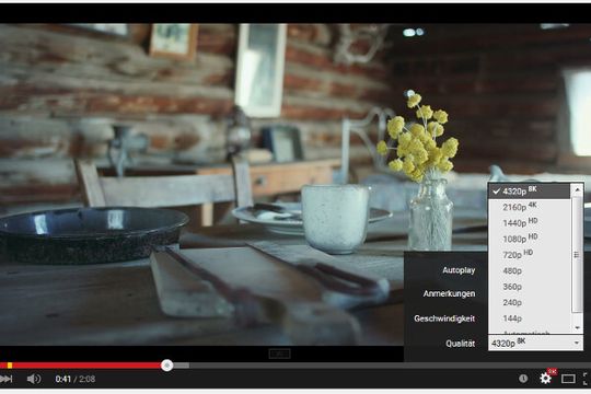 Das YouTube-Video "Ghost Towns", eingestellt am 07. Juni 2015, bietet diverse Auflösungsoptionen bis einschließlich 8K.