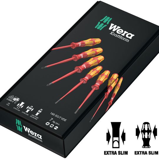 Eigens für die Elektroinstallation unter beengten Platzverhältnissen hat Wera den VDE-Schraubendrehersatz 160 iSS/7 zusammengestellt, der sieben Schraubendreher mit superschlanken Griffen und Klingen enthält.