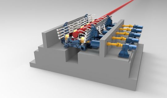 Abbildung des neuen Kühlelements in der Wärmebehandlungslinie. Auf der Kühlstrecke bei DEW sorgen zehn dieser Elemente für eine gezielte Temperatureinstellung der Stäbe. Abbildung des neuen Kühlelements in der Wärmebehandlungslinie. Auf der Kühlstrecke bei DEW sorgen zehn dieser Elemente für eine gezielte Temperatureinstellung der Stäbe.