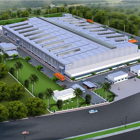 3D Ansicht der geplanten Fabrikanlagen im indischen Supa. 3D Ansicht der geplanten Fabrikanlagen im indischen Supa.