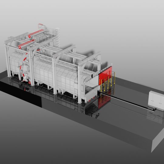 20 verschiedene Typen an Anhänger-Chassis und Aufbauten werden in dieser Hängebahn-Durchlaufstrahlanlage vollautomatisch gestrahlt. 20 verschiedene Typen an Anhänger-Chassis und Aufbauten werden in dieser Hängebahn-Durchlaufstrahlanlage vollautomatisch gestrahlt.
