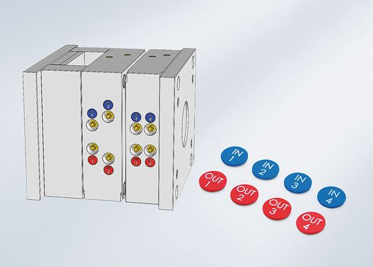 The E 2030 marking system for marking cooling circuits have blue chips for the inlets and are labelled with IN 1 - 24 and the red chips for the outlets with OUT 1 - 24. The E 2030 marking system for marking cooling circuits have blue chips for the inlets and are labelled with IN 1 - 24 and the red chips for the outlets with OUT 1 - 24.
