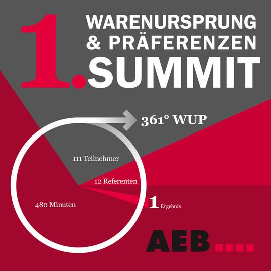 Der Summit von AEB ist als interaktive Fachkonferenz rund um das Kernthema Warenursprung und Präferenzen konzipiert. Der Summit von AEB ist als interaktive Fachkonferenz rund um das Kernthema Warenursprung und Präferenzen konzipiert.