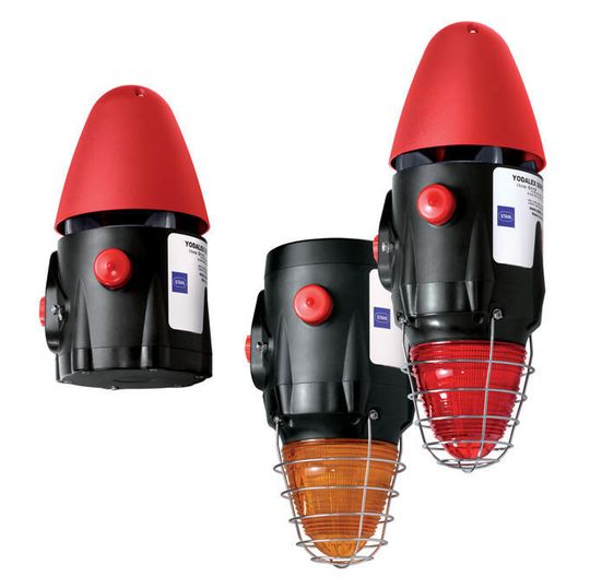 Signalgeräte der neuen „Yodalex Super Series“ von R. Stahl: Warnhupe YA6S, Warnleuchte FL6S und Kombigerät YL6S (von links nach rechts)