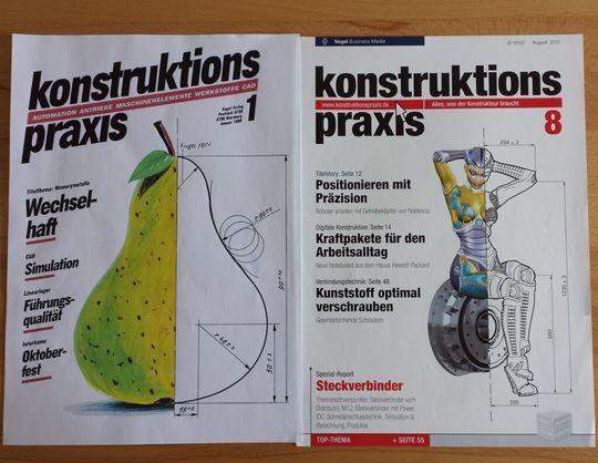 Die erste Titelseite der konstruktionspraxis 1990 und ihr Pendant im Jahr 2015.