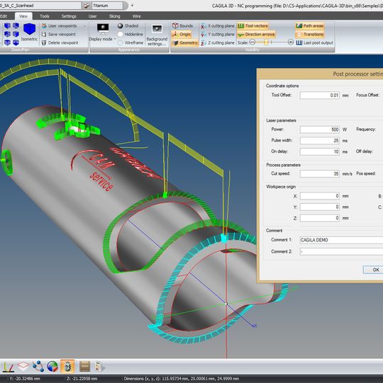 Die NC-Programmierung der Laserwege erfolgt in Cagila 3D basierend auf dem 3D-CAD-Volumenmodell, wobei beliebige Anstellwinkel des Laserkopfes für die 4- und 5-Achsen Simultanbearbeitung möglich sind Die NC-Programmierung der Laserwege erfolgt in Cagila 3D basierend auf dem 3D-CAD-Volumenmodell, wobei beliebige Anstellwinkel des Laserkopfes für die 4- und 5-Achsen Simultanbearbeitung möglich sind