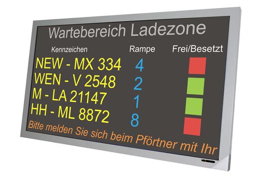 Aufrufanzeige mit einem TFT-Industriemonitor: Lkw-Durchlaufzeiten lassen sich damit effizient steuern. Aufrufanzeige mit einem TFT-Industriemonitor: Lkw-Durchlaufzeiten lassen sich damit effizient steuern.