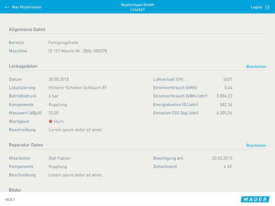 Mit der Leckagen-App von Mader können Drucklufleckagen dokumentiert, priorisiert und ausgewertet werden. Mit der Leckagen-App von Mader können Drucklufleckagen dokumentiert, priorisiert und ausgewertet werden.