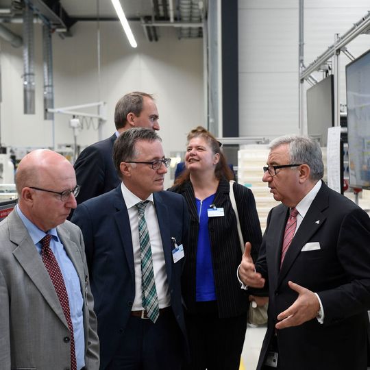 CyProS-Konsortialführer Wittenstein lud zur Vor-Ort-Besichtigung in die „Urbane Produktion der Zukunft“ in Fellbach ein: (von links); MinR Hermann Riehl (BMBF), Prof. Dr.-Ing. Wilhelm Bauer (Institutsleitung IAO), Dr.-Ing. Matthias Gebauer und Tanja Ehrhardt (beide PTKA) mit Prof. Dr.-Ing. Dieter Spath, Vorstandsvorsitzender der Wittenstein AG.