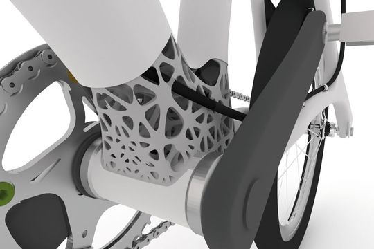 CAD-Zeichnung der gewichtsoptimierten Rohr-Balkenstruktur im unteren Rahmen des AWI-Bionic-Bike. CAD-Zeichnung der gewichtsoptimierten Rohr-Balkenstruktur im unteren Rahmen des AWI-Bionic-Bike.