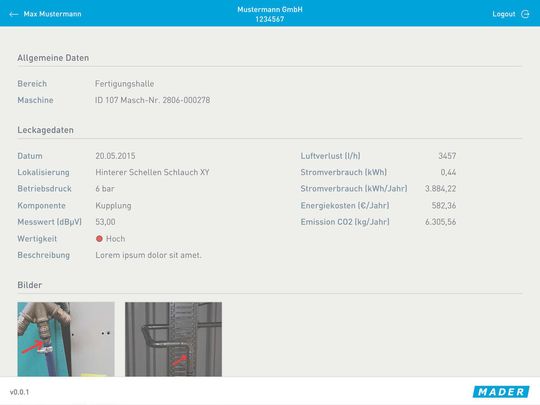Mit der Leckagen-App von Mader können Drucklufleckagen dokumentiert, priorisiert und ausgewertet werden.