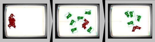 Der Visor kann nicht nur Teile mit verschiedenen Geometrien (im Bild hellgrün bzw. dunkelgrün) unterscheiden, sondern erkennt auch Agglomerate (rot).