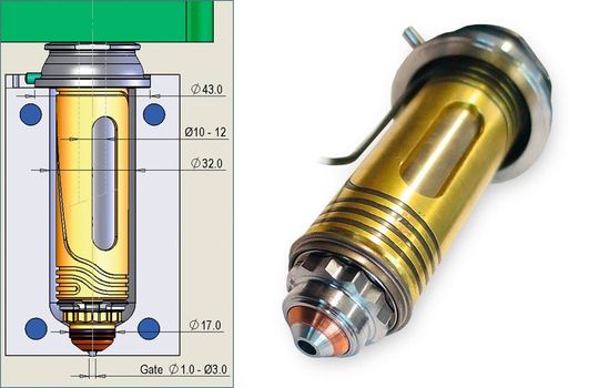HRS-Flow's MTR39 hot runner nozzle is supplementing the until now largest standard nozzle, MT39, for thick-wall applications with a part weight of up to 80 g and wall thicknesses up to 17 mm. HRS-Flow's MTR39 hot runner nozzle is supplementing the until now largest standard nozzle, MT39, for thick-wall applications with a part weight of up to 80 g and wall thicknesses up to 17 mm.