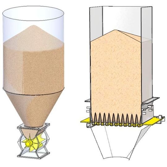 Konventionelles Rundsilo mit Zellenrad-schleuse (links) und Rechtecksilo mit ganzflächiger Austrageinrichtung (rechts) Konventionelles Rundsilo mit Zellenrad-schleuse (links) und Rechtecksilo mit ganzflächiger Austrageinrichtung (rechts)