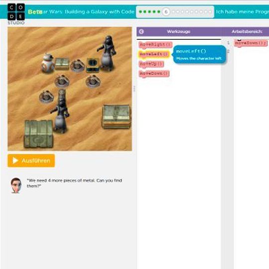 Verspielt: Durch modulares Zusammenklicken von JavaScript-Befehlen gilt es, nach und nach mit dem Star-Wars Droiden BB-8 eine Reihe zunehmend komplexer werdender Aufgaben zu lösen. Verspielt: Durch modulares Zusammenklicken von JavaScript-Befehlen gilt es, nach und nach mit dem Star-Wars Droiden BB-8 eine Reihe zunehmend komplexer werdender Aufgaben zu lösen.