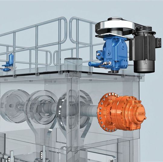 Antriebslösung für Servopressen: Beim Bremsen der Last (Pressenstößel) kann die resultierende Energie in der Schwungscheibe gespeichert werden. Antriebslösung für Servopressen: Beim Bremsen der Last (Pressenstößel) kann die resultierende Energie in der Schwungscheibe gespeichert werden.