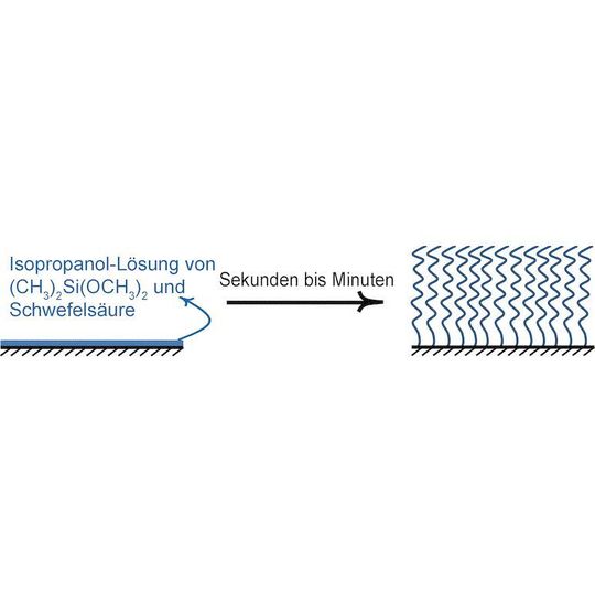 Unter dem katalytischen Einfluss der Schwefelsäure wachsen Polydimethylsiloxan (PDMS)-Ketten auf, die fest auf der Oberfläche verankert sind. Unter dem katalytischen Einfluss der Schwefelsäure wachsen Polydimethylsiloxan (PDMS)-Ketten auf, die fest auf der Oberfläche verankert sind.