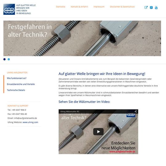 Auf der speziellen Webseite www.aufglatterwelle.de stellt Uhing alle relevanten Informationen zur Wälzmutter RS zur Verfügung. Auf der speziellen Webseite www.aufglatterwelle.de stellt Uhing alle relevanten Informationen zur Wälzmutter RS zur Verfügung.