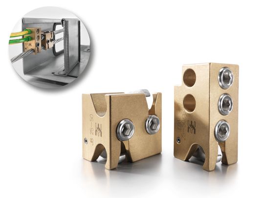 Die Potenzialausgleichs-Klemmblöcke von Weidmüller sollen einen dezentralen Potenzialausgleich ermöglichen. Detail: Die Einbauhöhe der Klemmböcke lässt genügend Raum für Daten und Energieleitungen.