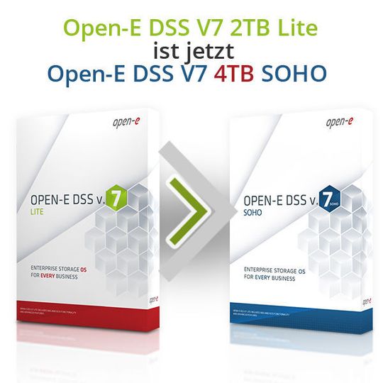 Open-E DSS V7 SOHO tritt die Nachfolge der bisherigen Lite-Version an. Open-E DSS V7 SOHO tritt die Nachfolge der bisherigen Lite-Version an.