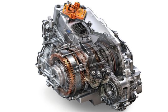 Der Voltec II von GM: Das Getriebemodul umfasst die zwei E-Maschinen und Planetenradsätze. Rechts ist die Schnittstelle zum Verbrennungsmotor.