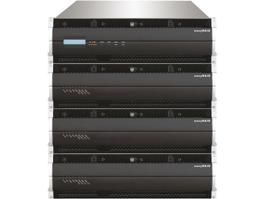Das RAID-System EasyRAID Q16QS bindet in Kombination mit den JBODs bis zu 64 SAS- oder SATA-Festplatten per iSCSI in ein Netzwerk ein. Das RAID-System EasyRAID Q16QS bindet in Kombination mit den JBODs bis zu 64 SAS- oder SATA-Festplatten per iSCSI in ein Netzwerk ein.