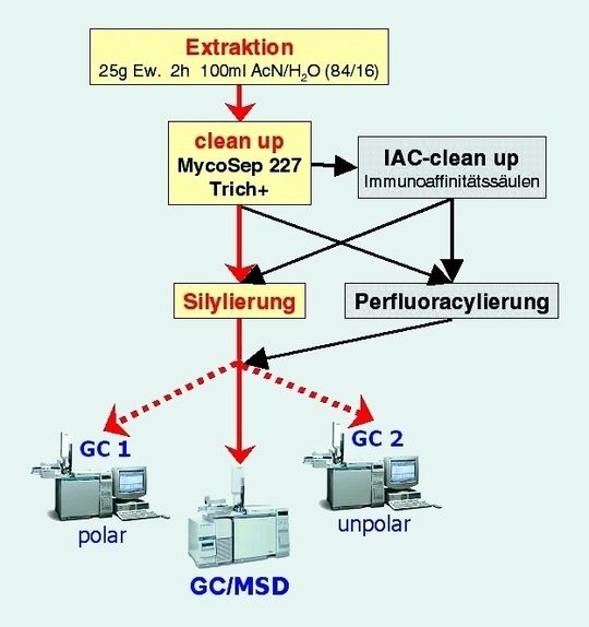 Abb. 1 GC-analytische Verifizierungstechniken für Trichothecene (empfohlene Varianten in Farbe). Abb. 1 GC-analytische Verifizierungstechniken für Trichothecene (empfohlene Varianten in Farbe).
