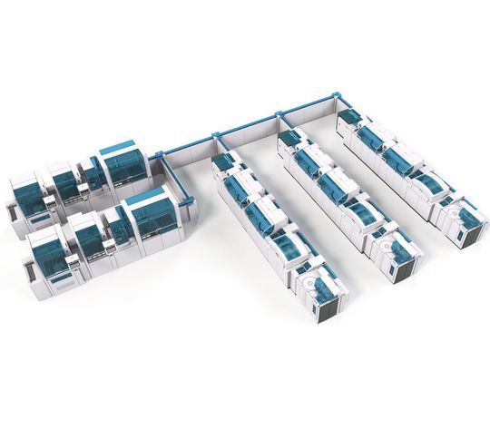 Die verschiedenen Cobas-Module der Laborautomation werden über das Cobas Connecting Module (CCM) miteinander verbunden und lassen sich je nach Raumkonzept und Anforderungen des Labors installieren. Die verschiedenen Cobas-Module der Laborautomation werden über das Cobas Connecting Module (CCM) miteinander verbunden und lassen sich je nach Raumkonzept und Anforderungen des Labors installieren.